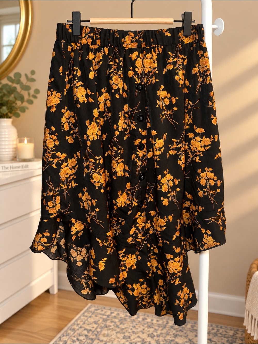 Floral Midi Skirt Black & Orange Medium